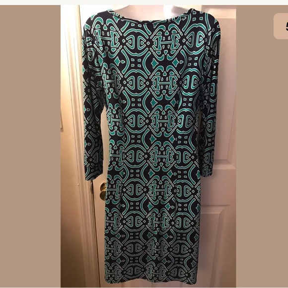 LAUNDRY By Design Shelli Segal Geo Print Dress Turquoise Green Blue Jersey Knit - Picture 5 of 6